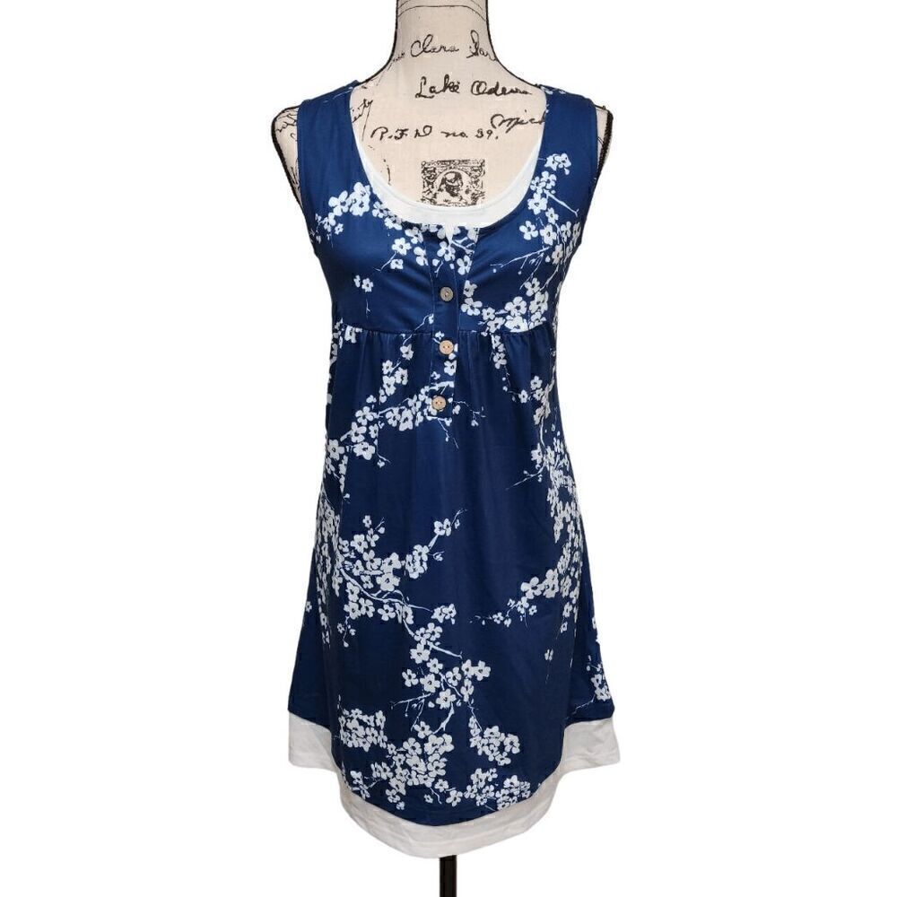 💙 NWT Sleeveless Summer Beach Cruise Buttons Blue White Floral Sundress SIZE M